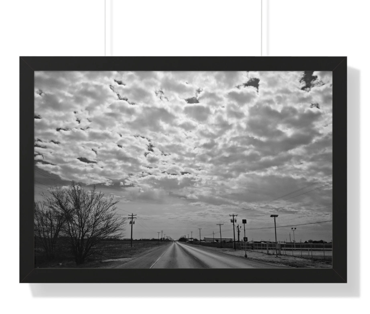 Framed Black and White Desert Road Photograph – Rural Midland, Texas Art